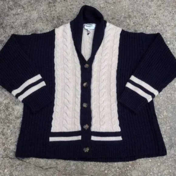 La Ligne XL Merino Wool Cable Knit Cardigan Shawl Collar Navy Cream NWOT - Picture 10 of 10
